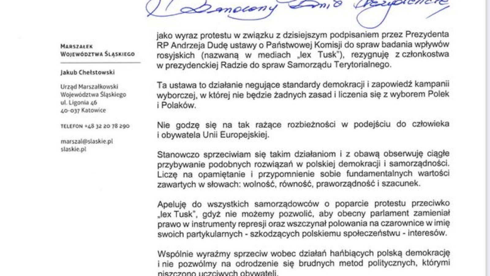 Rezygnuję z członkostwa w Radzie ds. Samorządu Terytorialnego przy Prezydencie RP